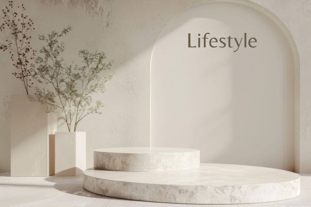 Marmorpodest und Olivenbaum mit Schriftzug "Lifestyle"